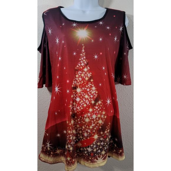 Fashion Red Christmas Tree With Stars Printed Cold Shoulder Top Large Soft Flowy - Picture 1 of 7